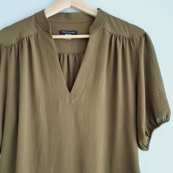 TOMMY HILFIGER | Puff Sleeve w/ Belt Flowy Light Knee Length Midi Dress Green 6 - Picture 5 of 14